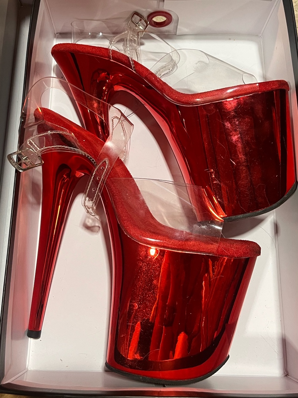 Pleaser Red Metallic Platform Stiletto Sandals with Clear Straps